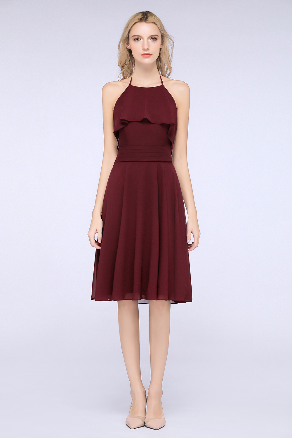 BMbridal Gorgeous Halter Sleeveless Chiffon Short Bridesmaid Dress with Ruffle-BMbridal
