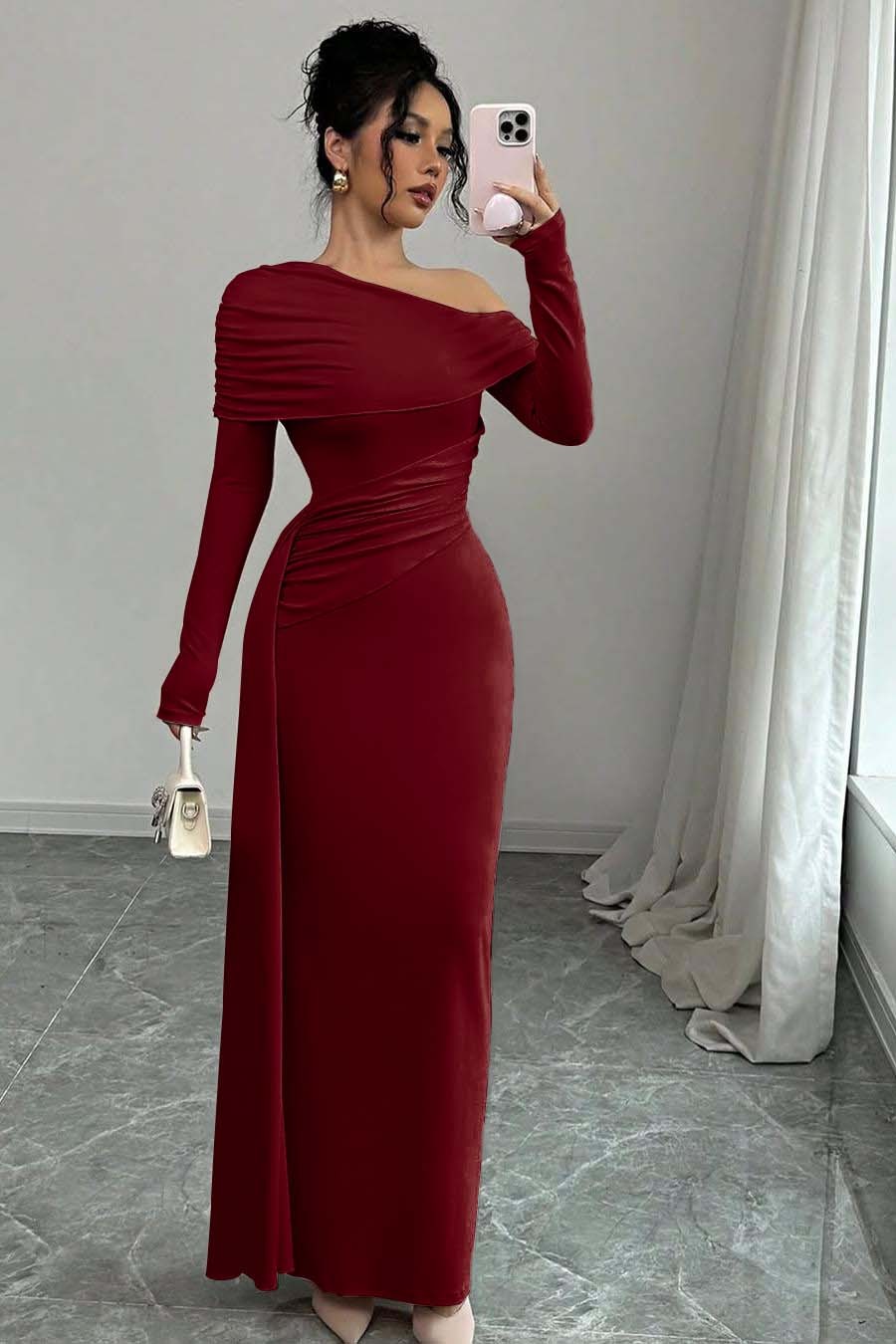 Off the Shoulder Long Sleeves Long Mermaid Prom Dress With Ruffles
