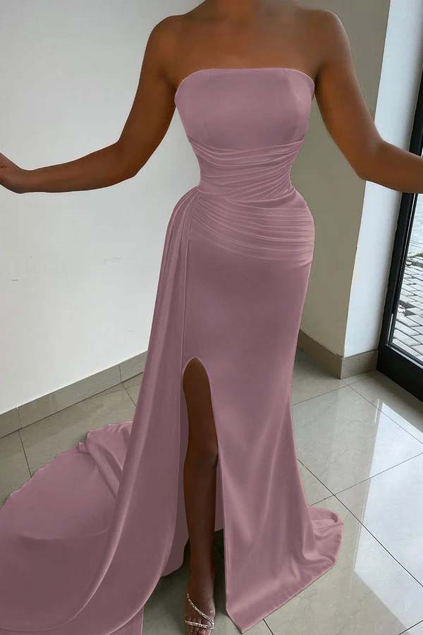 Yellow Strapless Sleeveless Ruffles Prom Dress Court With Split