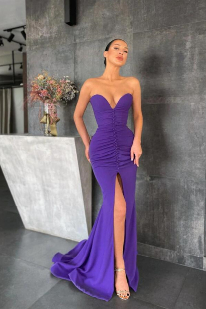 Sleeveless Strapless Long Mermaid Prom Dress With Pleated Split