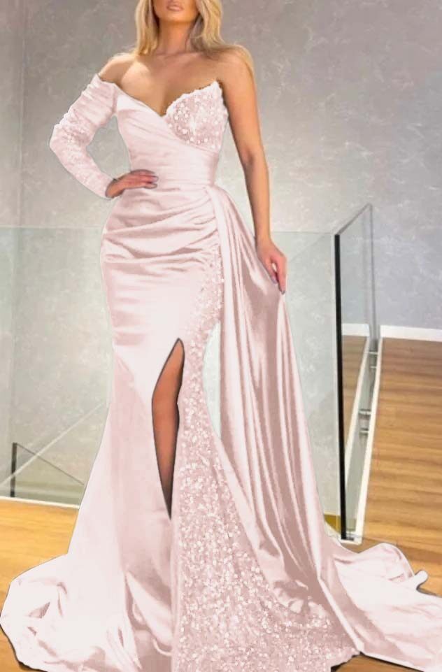 Long Sleeve Strapless Long Split Prom Dress With Pleated Sequins