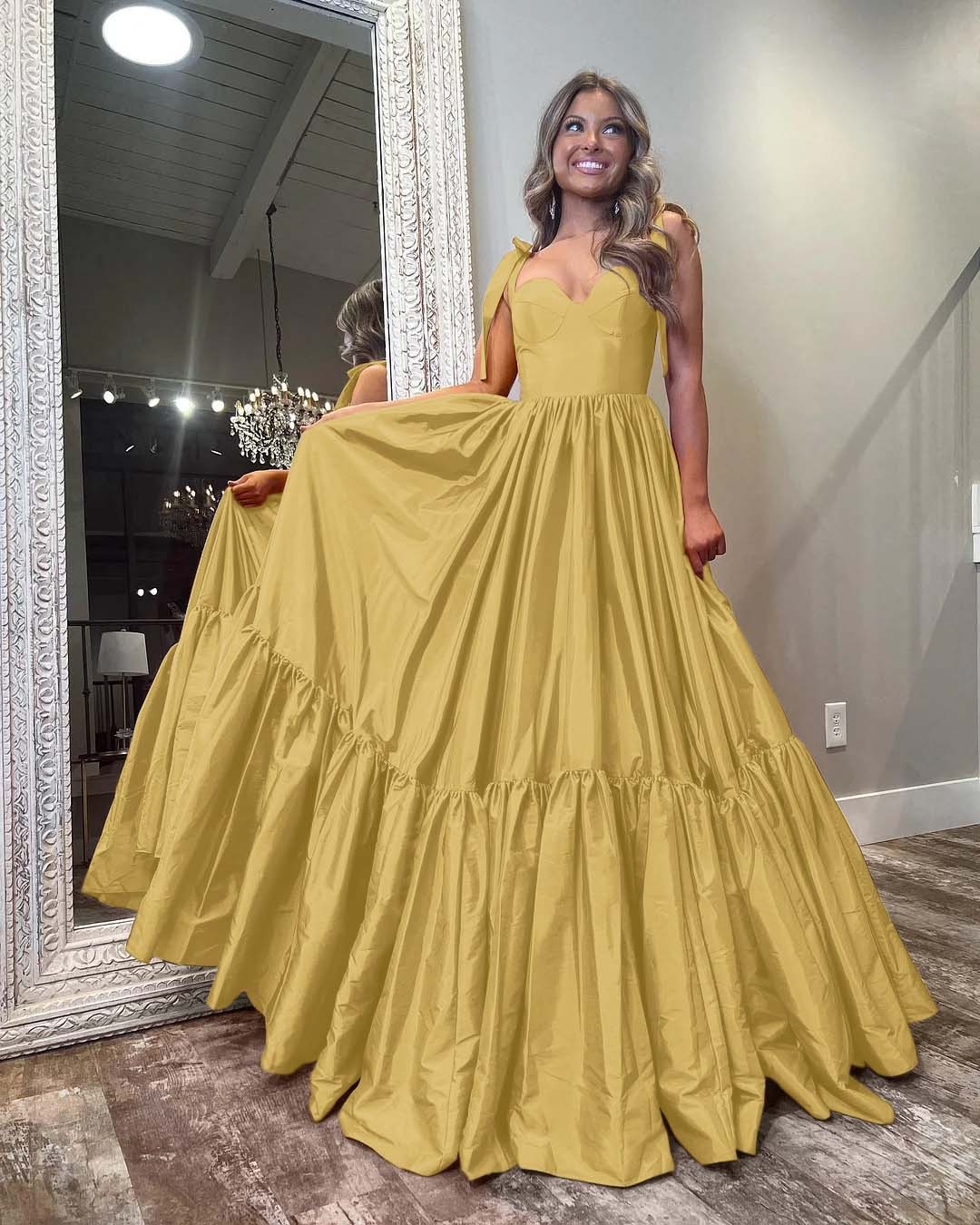 Sleeveless Straps Sweetheart Long Prom Dress With Ruffles Pleated