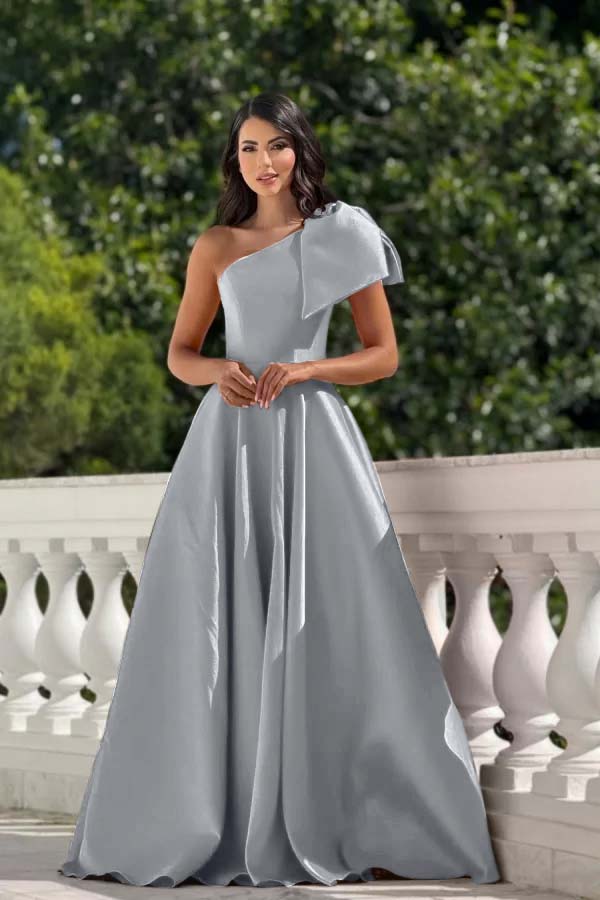 One Shoulder Sleeveless Long Prom Dress With Pleated Bowknot