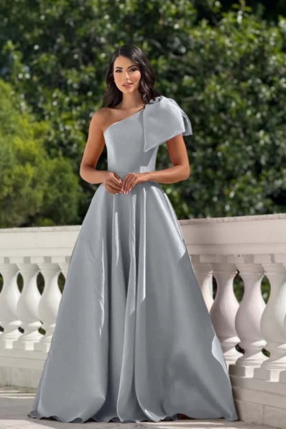 One Shoulder Sleeveless Long Prom Dress With Pleated Bowknot