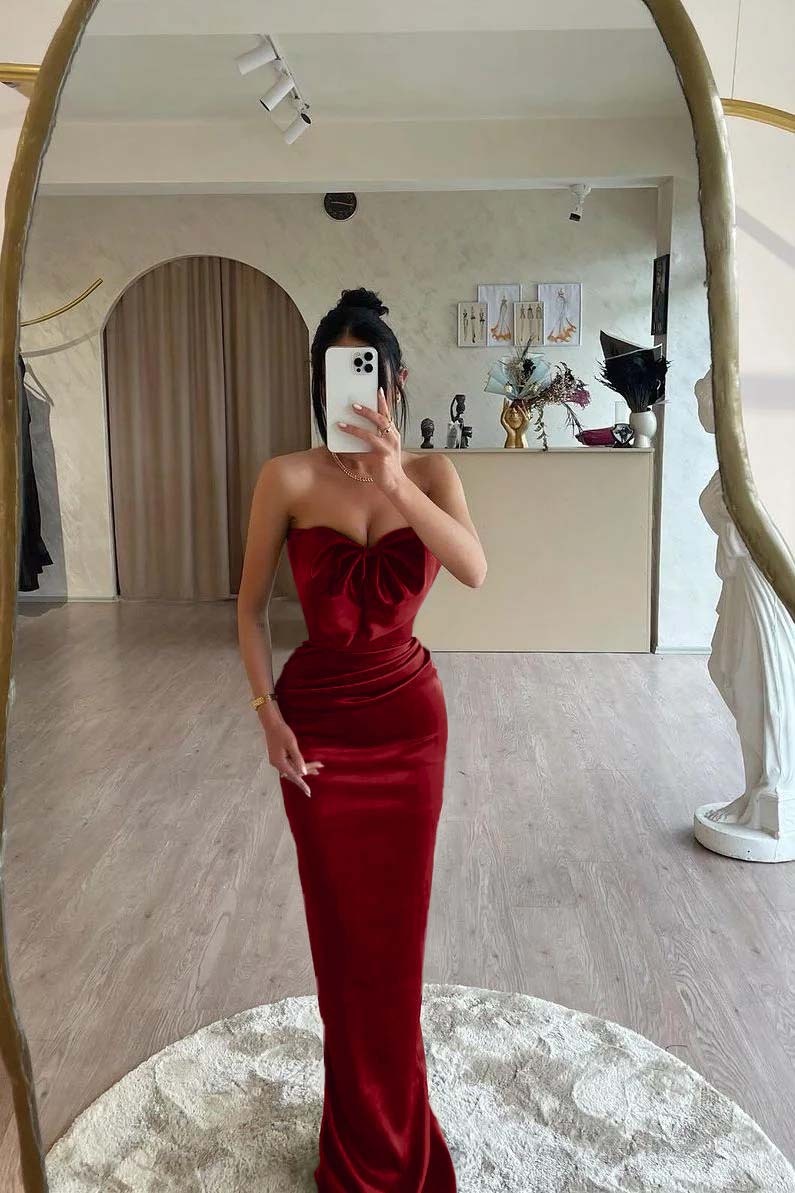 Strapless Sleeveless Long Mermaid Prom Dress With Bowknot Pleated