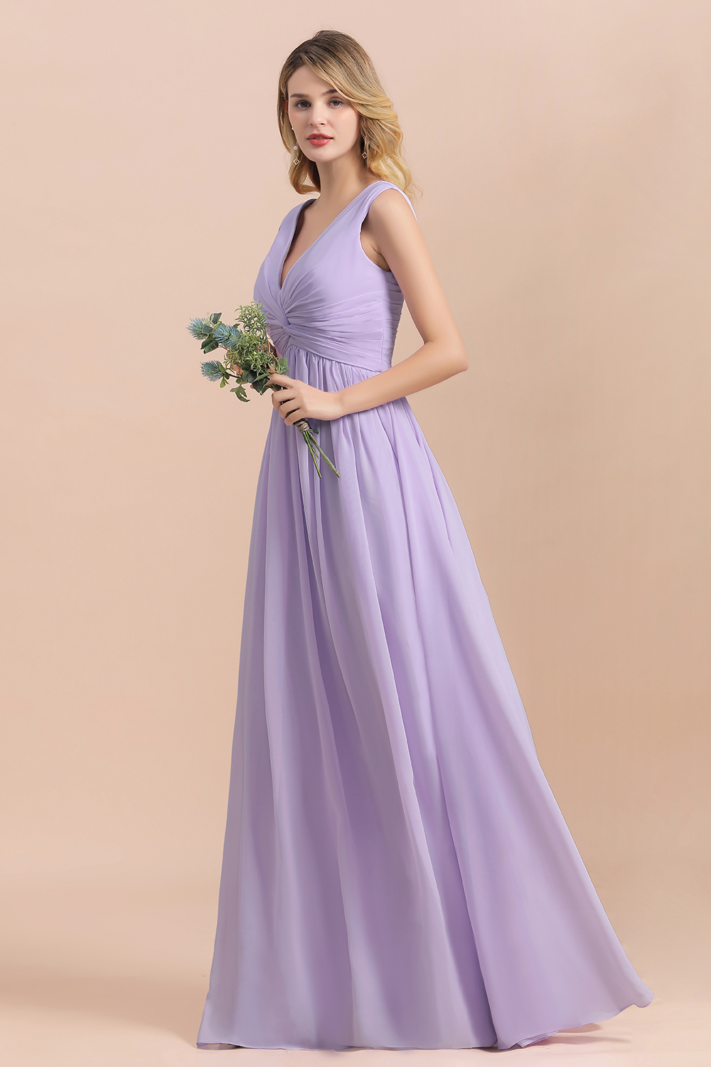 BMbridal Gorgeous V-Neck Ruffle Lilac Chiffon Affordable Bridesmaid Dress with Ruffle-BMbridal