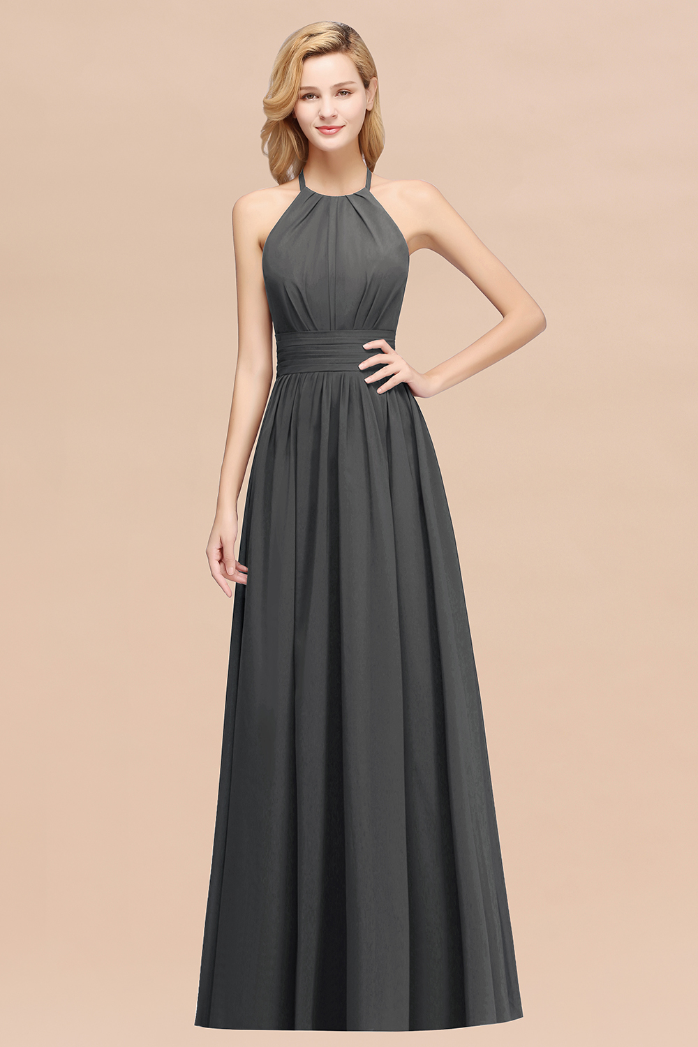 BMbridal Elegant High-Neck Halter Long Affordable Bridesmaid Dresses with Ruffles-BMbridal