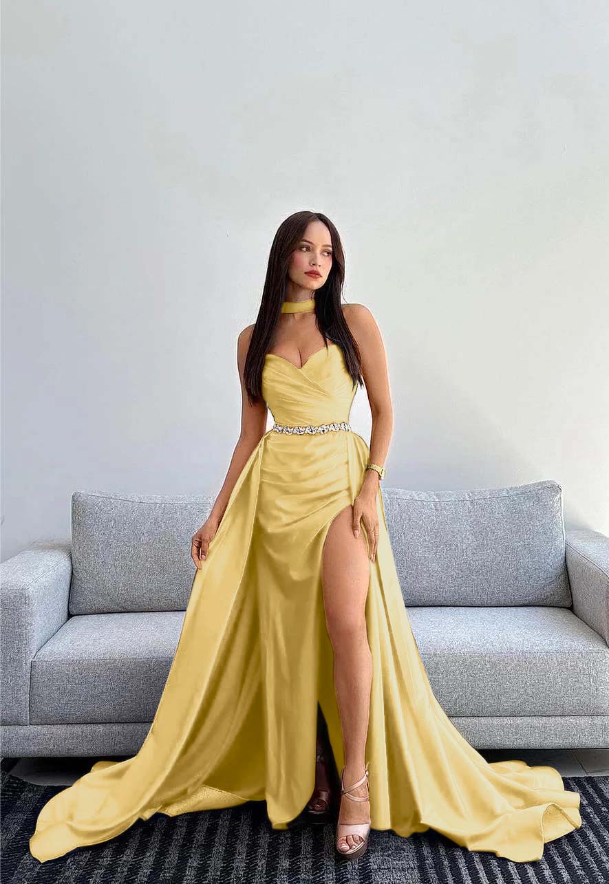 Black Halter Strapless Sweetheart  Sleeveless Mermaid Split Prom Dress With Gloves