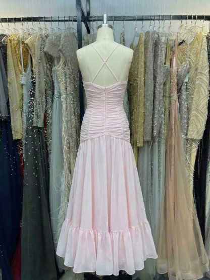 Sweet Blush Pink A Line Ruched Drop-Waist Prom Dress