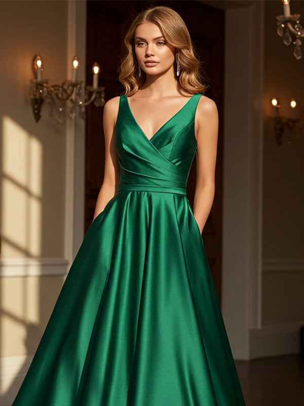 Dark Green Sheath/Column V-Neck Floor-Length Satin Prom Dress