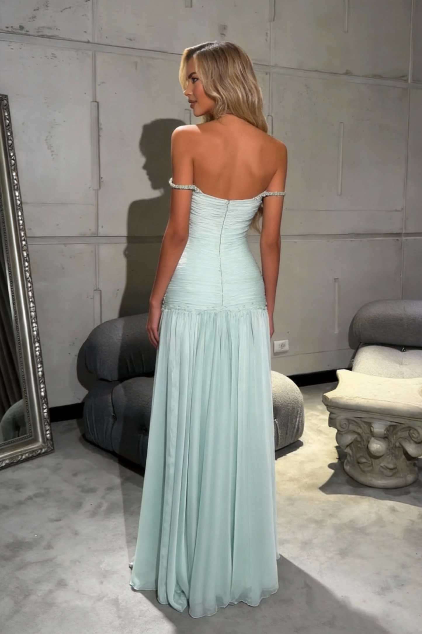 Off the Shoulder Sleeveless Long Prom Dress With Pleated Sequins