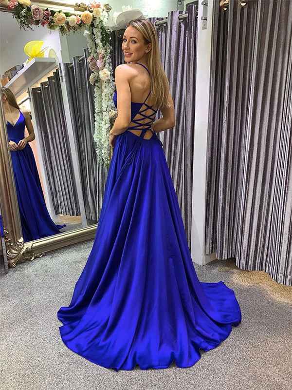 Blue A Line Spaghetti Straps V Neck Satin Long Prom Dress with Slit