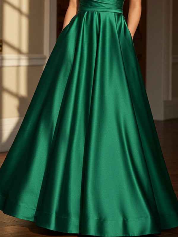 Dark Green Sheath/Column V-Neck Floor-Length Satin Prom Dress