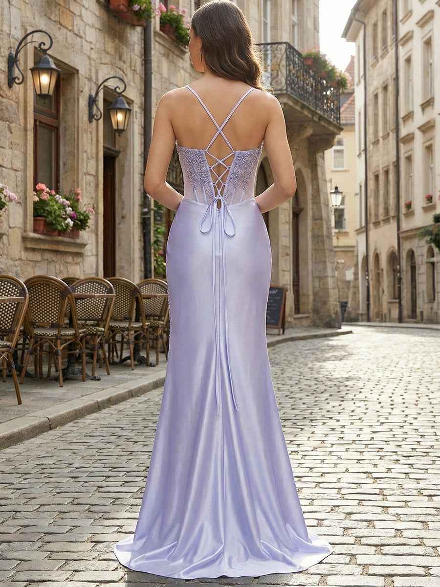 Lilac Lace Applique| Satin Corset Prom Dress with Slit