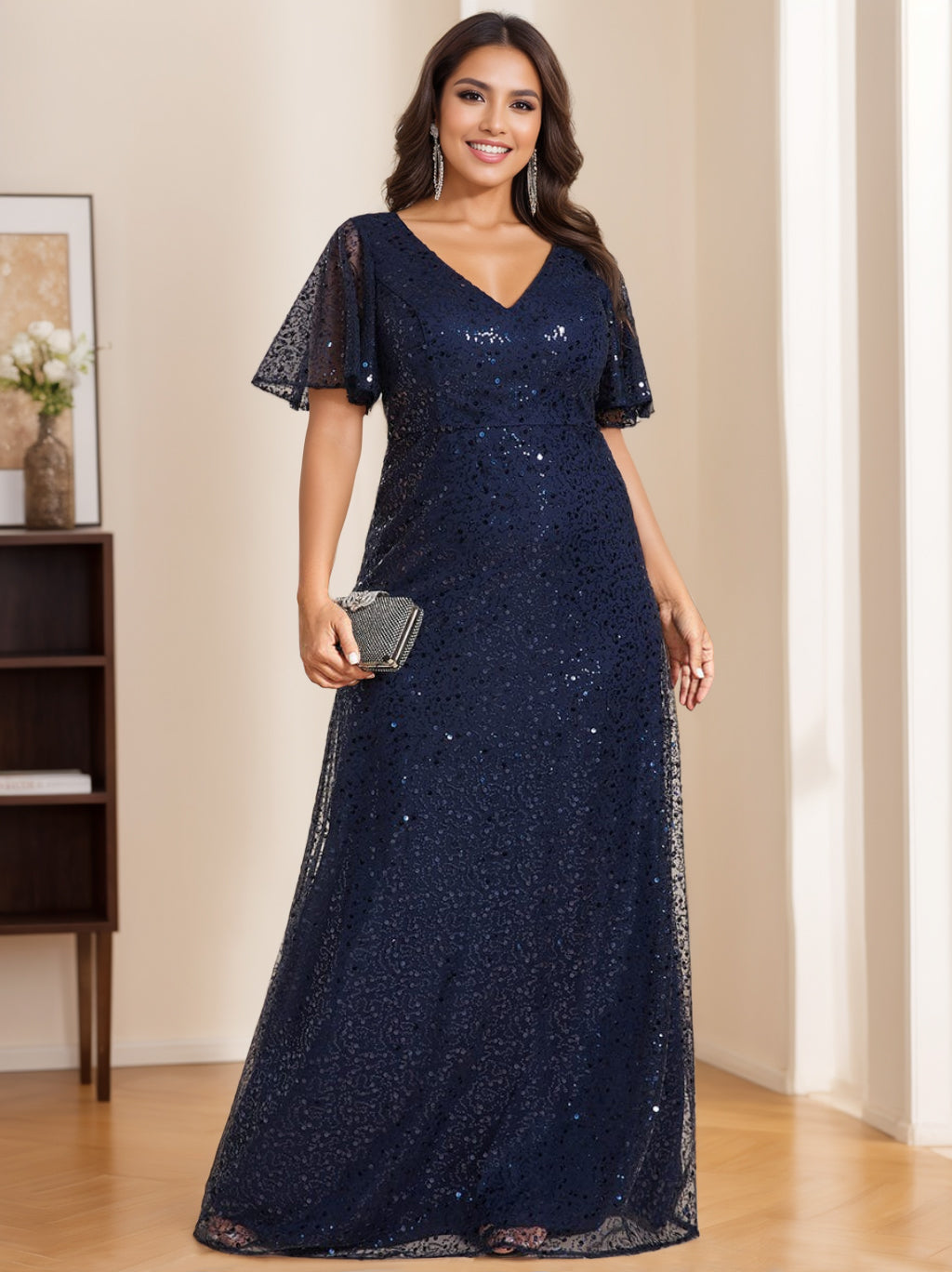 V-Neck A-Line Princess Floor-Length Sequined Dress for Mothers of the Bride and Groom