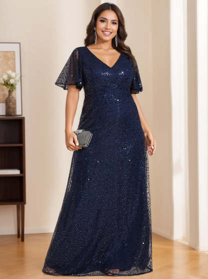 V-Neck A-Line Princess Floor-Length Sequined Dress for Mothers of the Bride and Groom