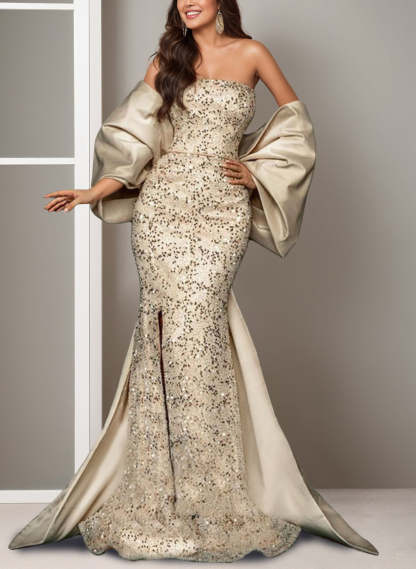 Off-the-shoulder Evening Dress with Mermaid/Trumpet Silhouette Sweep Train Side Split and Bow(s)