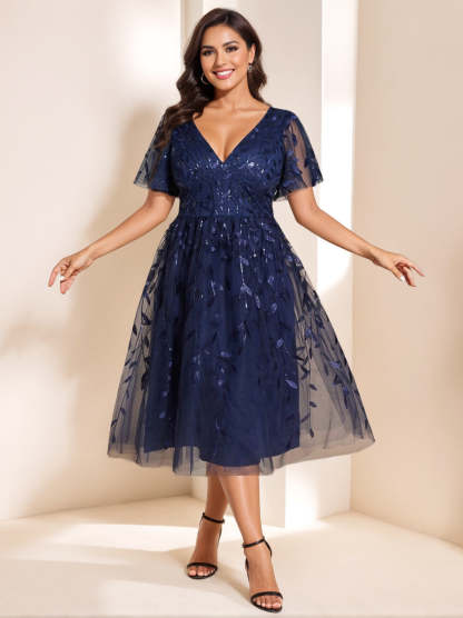 V-Neck A-Line Princess Tea-Length Dress for Mothers of the Bride and Groom