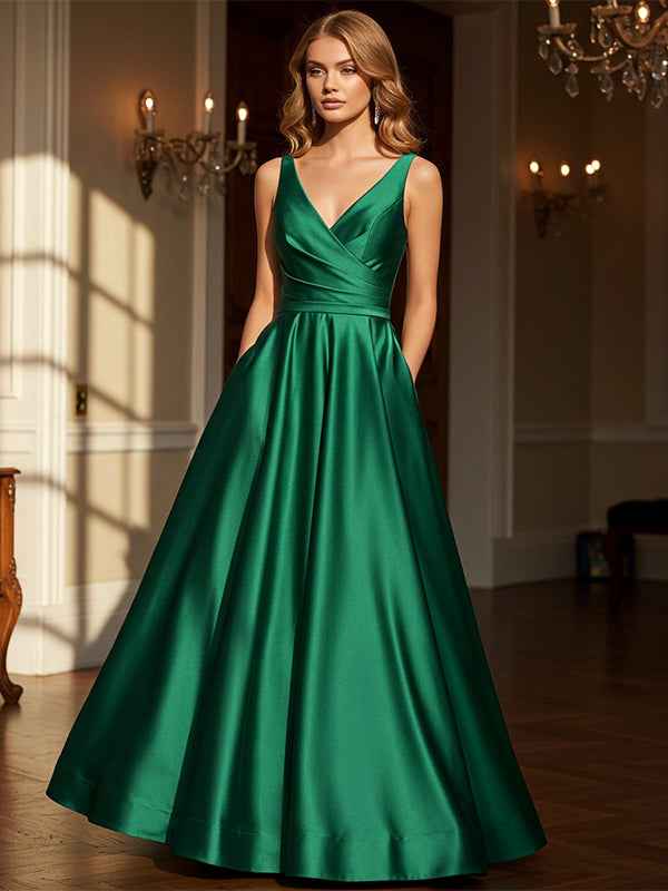 Dark Green Sheath/Column V-Neck Floor-Length Satin Prom Dress