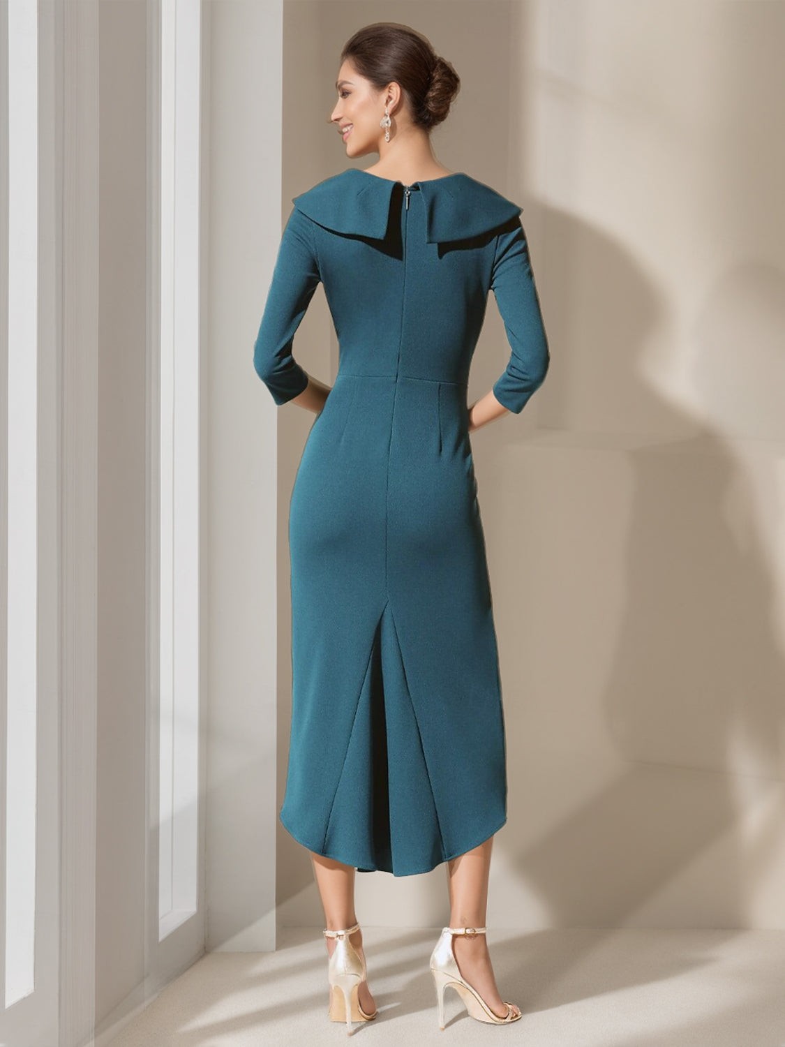 V-Neck A-Line Princess Gown with 3/4 Sleeves and Asymmetrical Ruffle for the Mother of the Bride