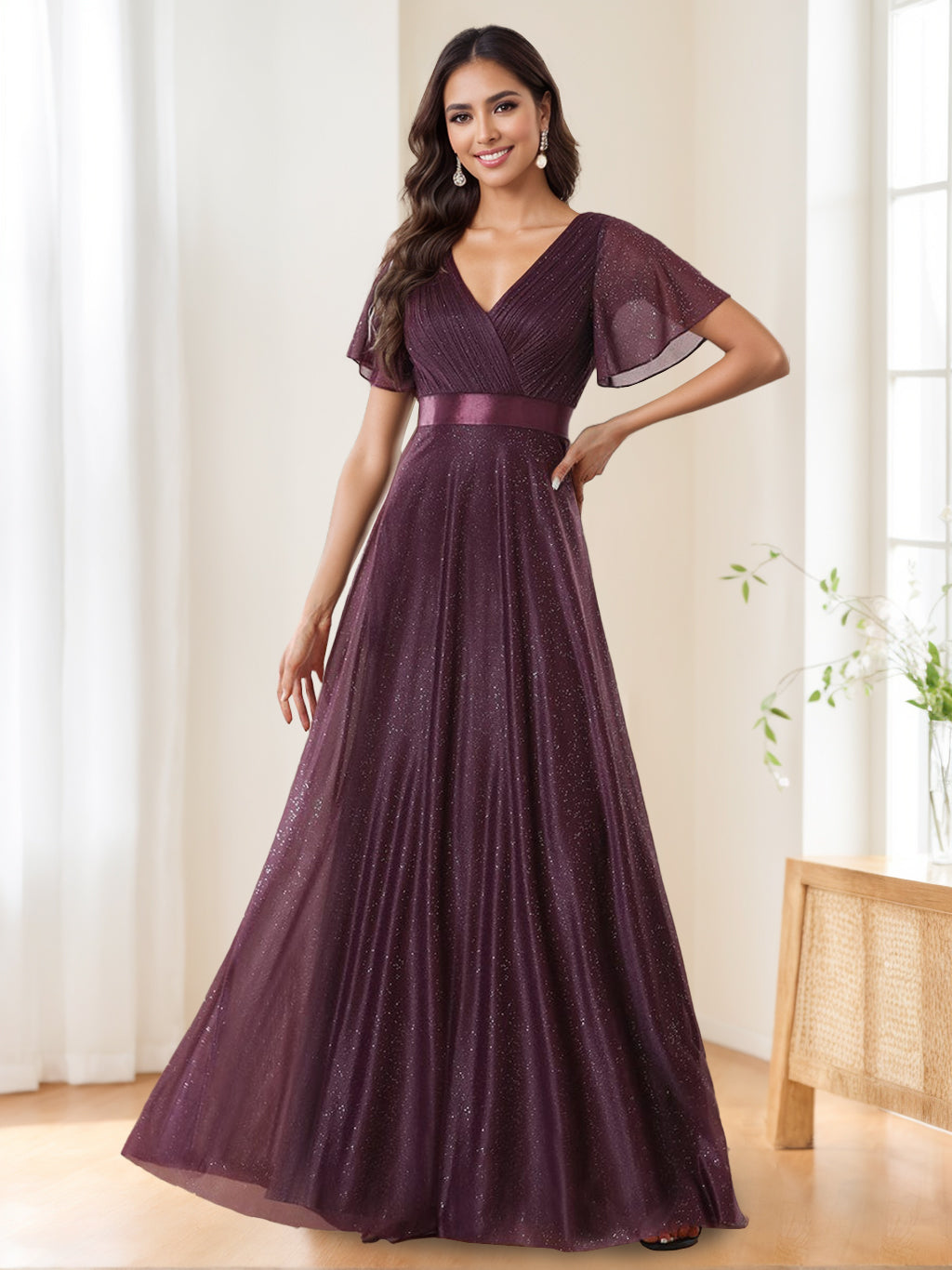 Elegant Sparkling Floor-Length Evening Dresses with V-Neck and Short Sleeves in A-Line/Princess Style-BMbridal.UK