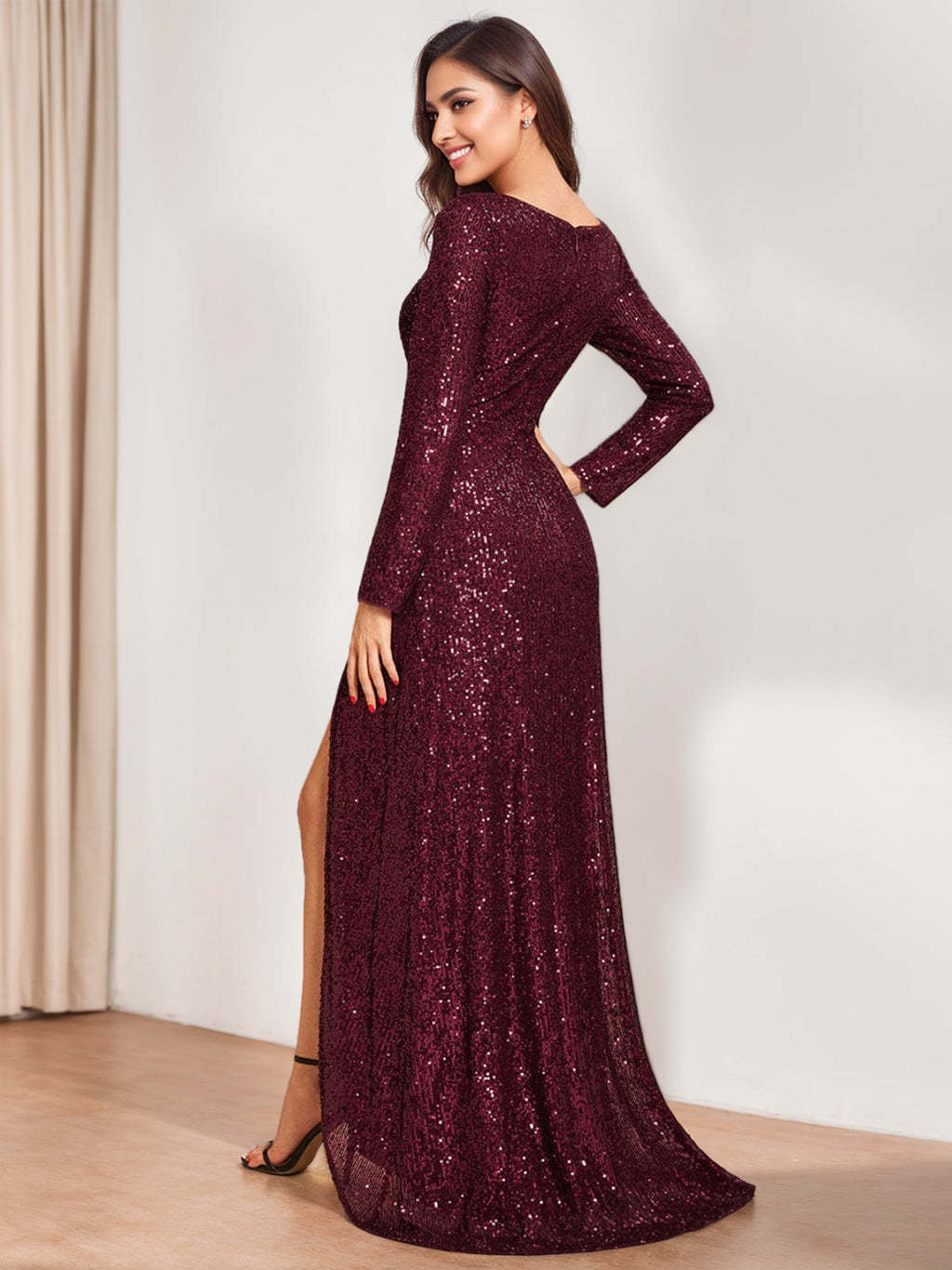 V-Neck A-Line Princess Evening Gown with Long Sleeves and Asymmetrical Sequins