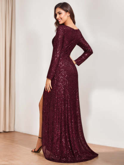V-Neck A-Line Princess Evening Gown with Long Sleeves and Asymmetrical Sequins