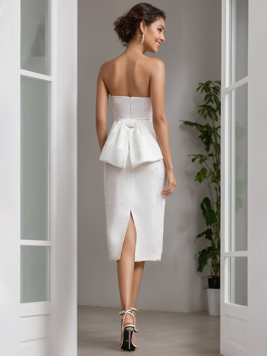 Strapless Tea-Length Wedding Column Dress Adorned With Pearl