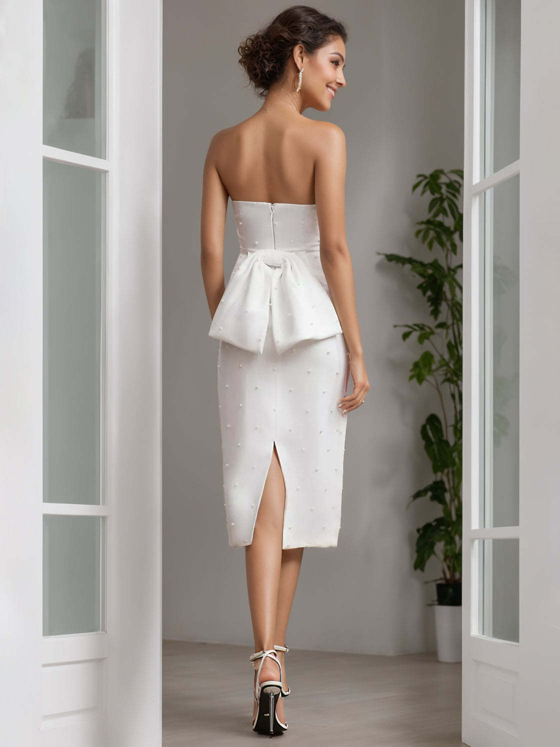 Strapless Tea-Length Wedding Column Dress Adorned With Pearl