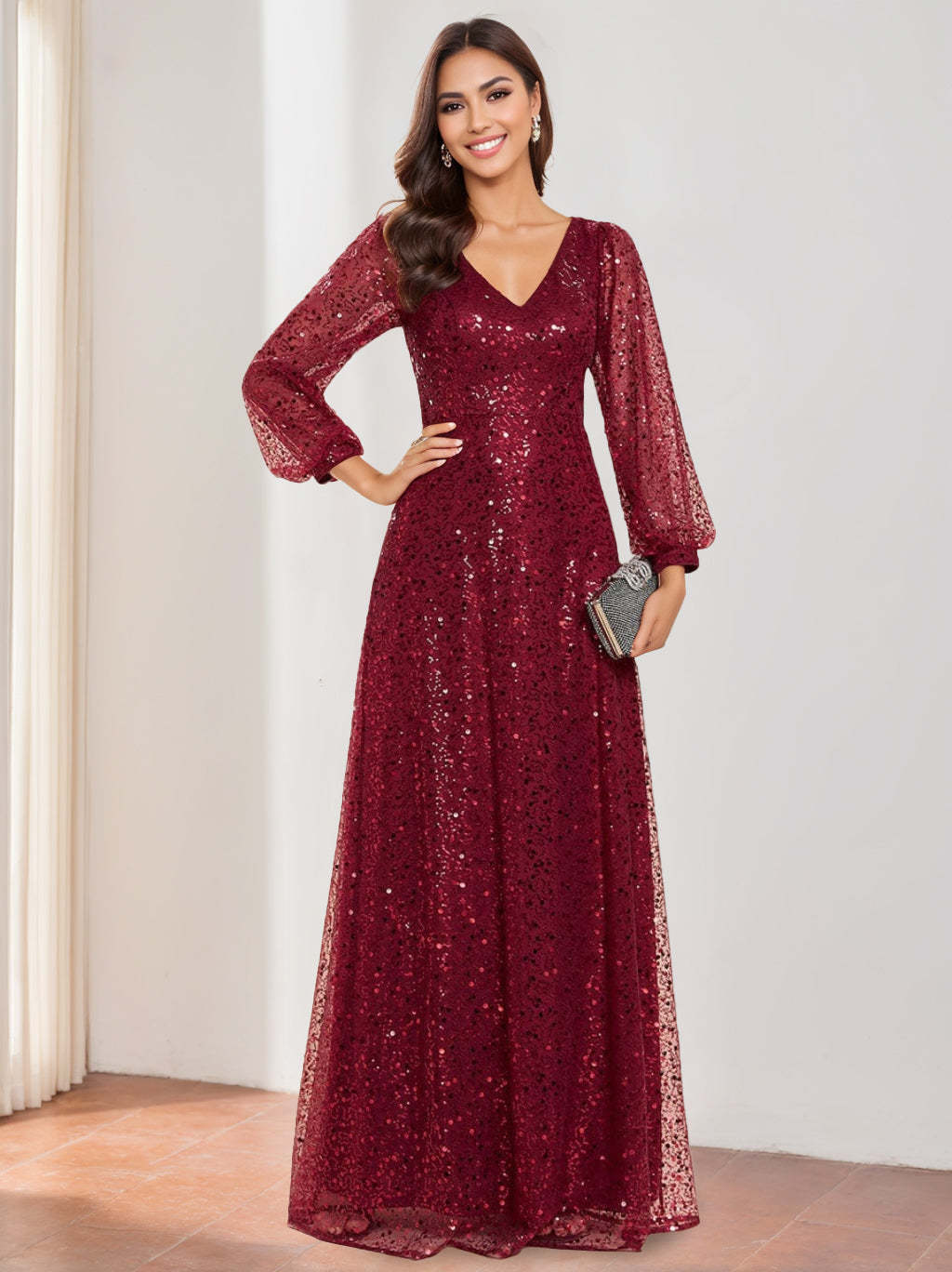 V-Neck A-Line Princess Gown with Lantern Sleeves and Sequins for the Mother of the Bride