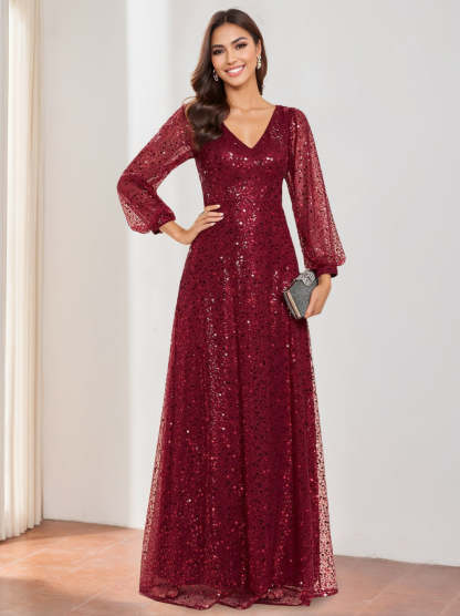 V-Neck A-Line Princess Gown with Lantern Sleeves and Sequins for the Mother of the Bride