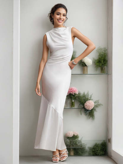Floor-length White Mermaid Wedding Guest Dress with Trumpet Sleeves and Ruffles
