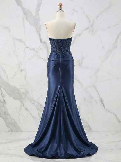 Glamorous Strapless Beaded Corset Satin Prom Dress with Slit