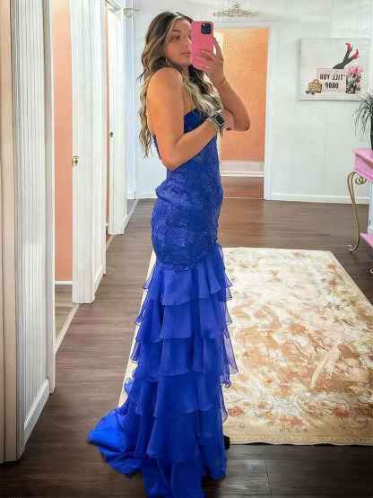 Strapless Applique Ruffle Mermaid Long Prom Dress with Slit