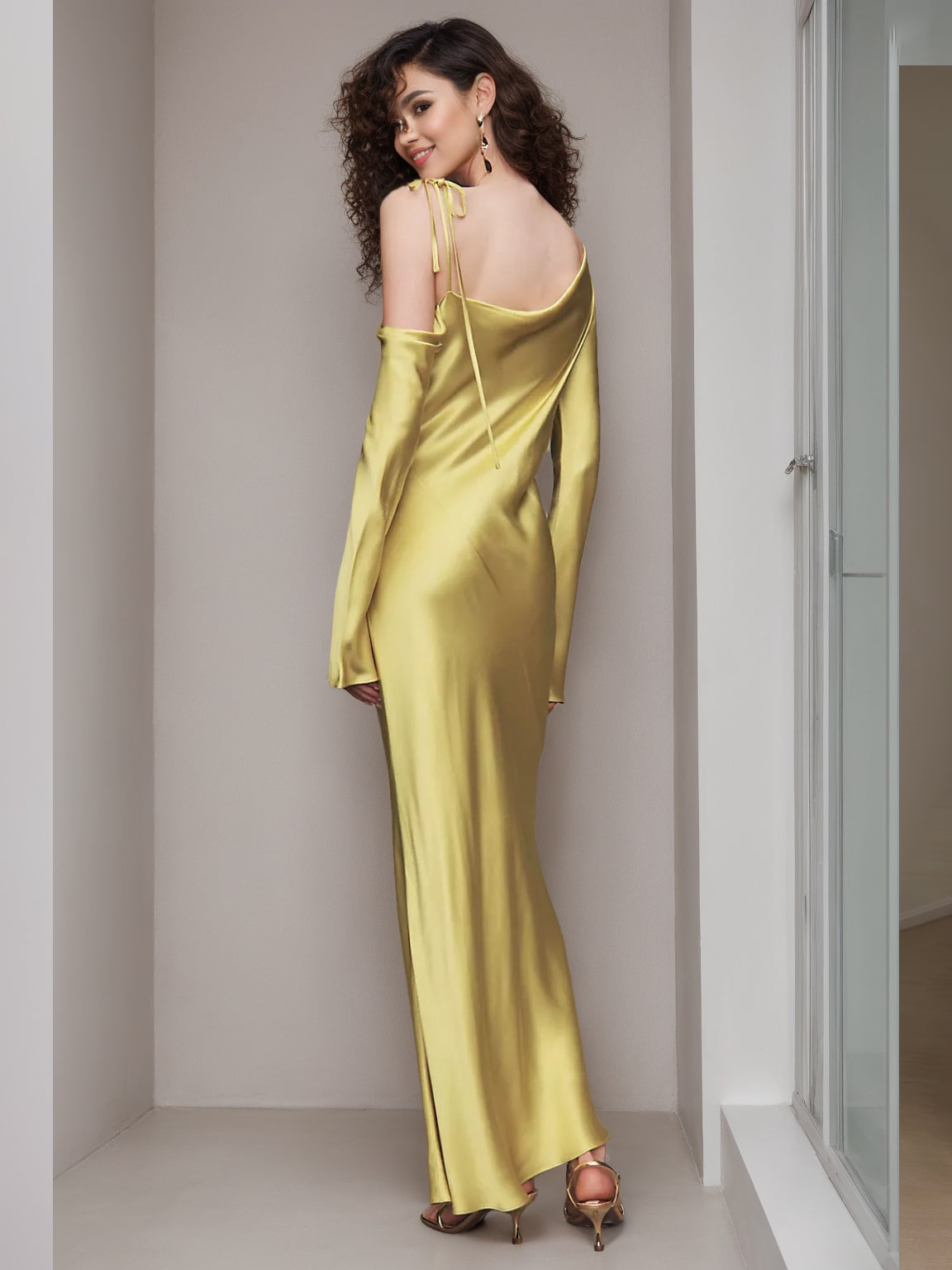 One-shoulder Ankle-length Sheath/Column Dress with Long Sleeves for Wedding Guests