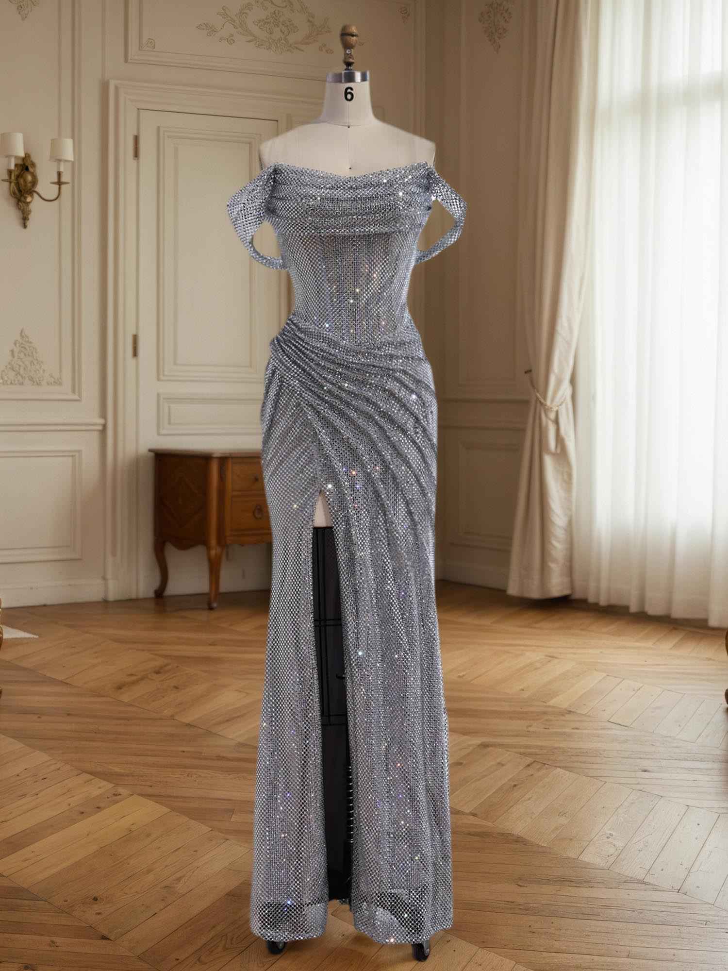 Sparkly Off-the-Shoulder Mesh Ruched Bodice Long Prom Dress with High Slit