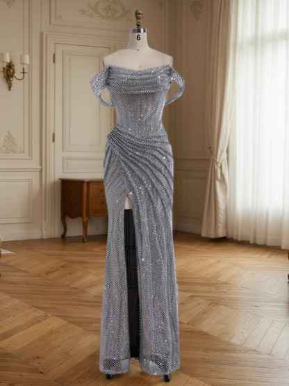 Sparkly Off-the-Shoulder Mesh Ruched Bodice Long Prom Dress with High Slit