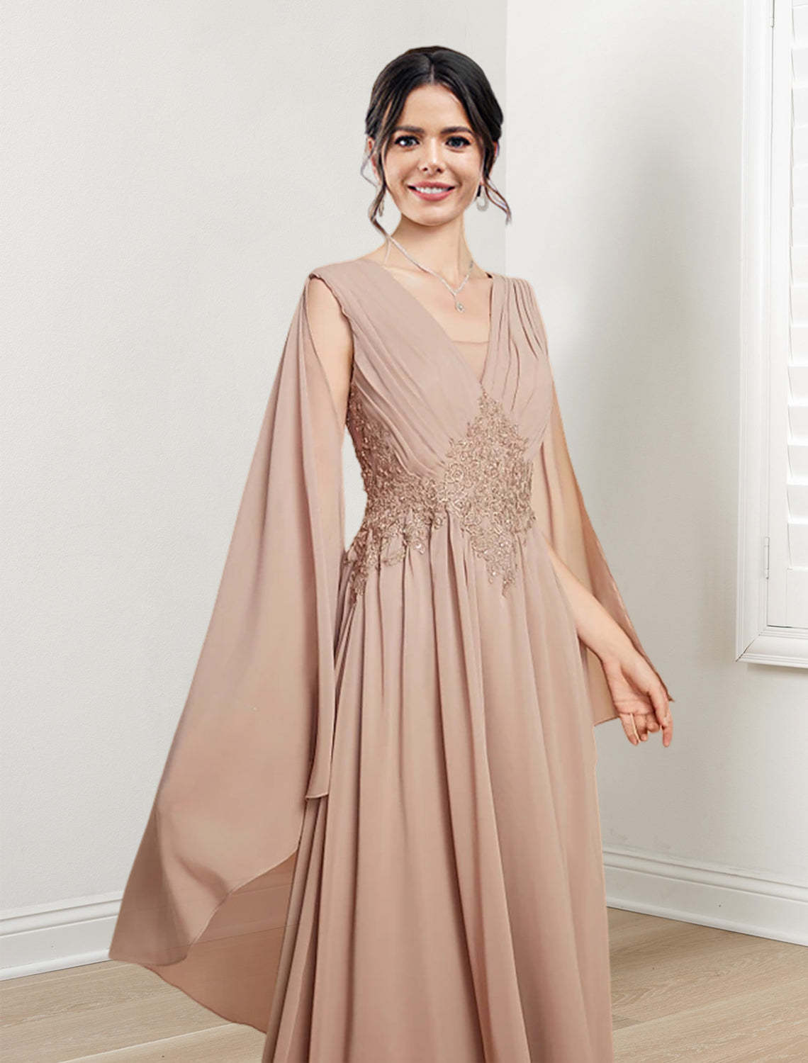 V-Neck A-Line Princess Floor-Length Dresses for the Mother of the Bride