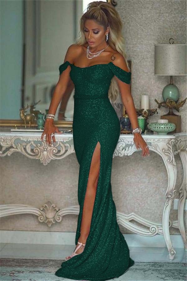 Pink Sequins Off the Shoulder Mermaid Elegant Prom Dresses With Split