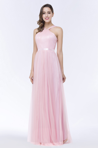 BMbridal Chic Tulle Ruffle Halter Sleeveless Pearls Bridesmaid Dress with Sash-BMbridal