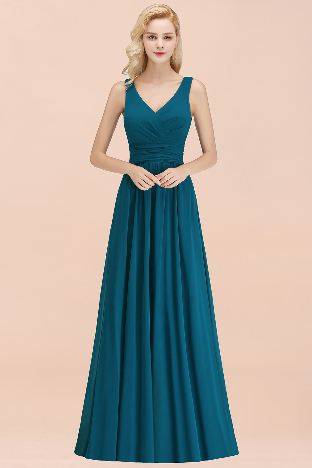 BMbridal Modest Sleeveless V-Neck Long Chiffon Bridesmaid Dress Online with Ruffle-BMbridal