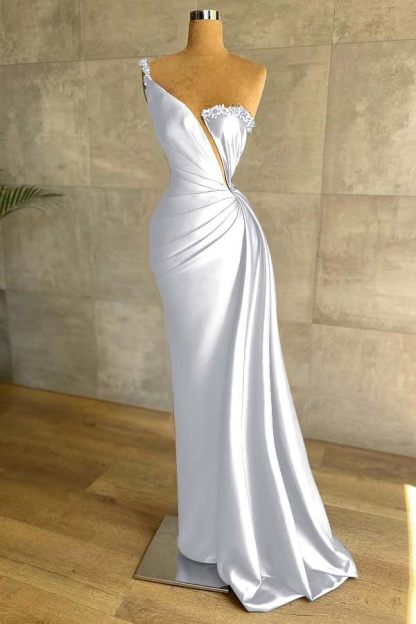 One Shoulder Sleeveless Mermaid Split Long Prom Dress With Beading