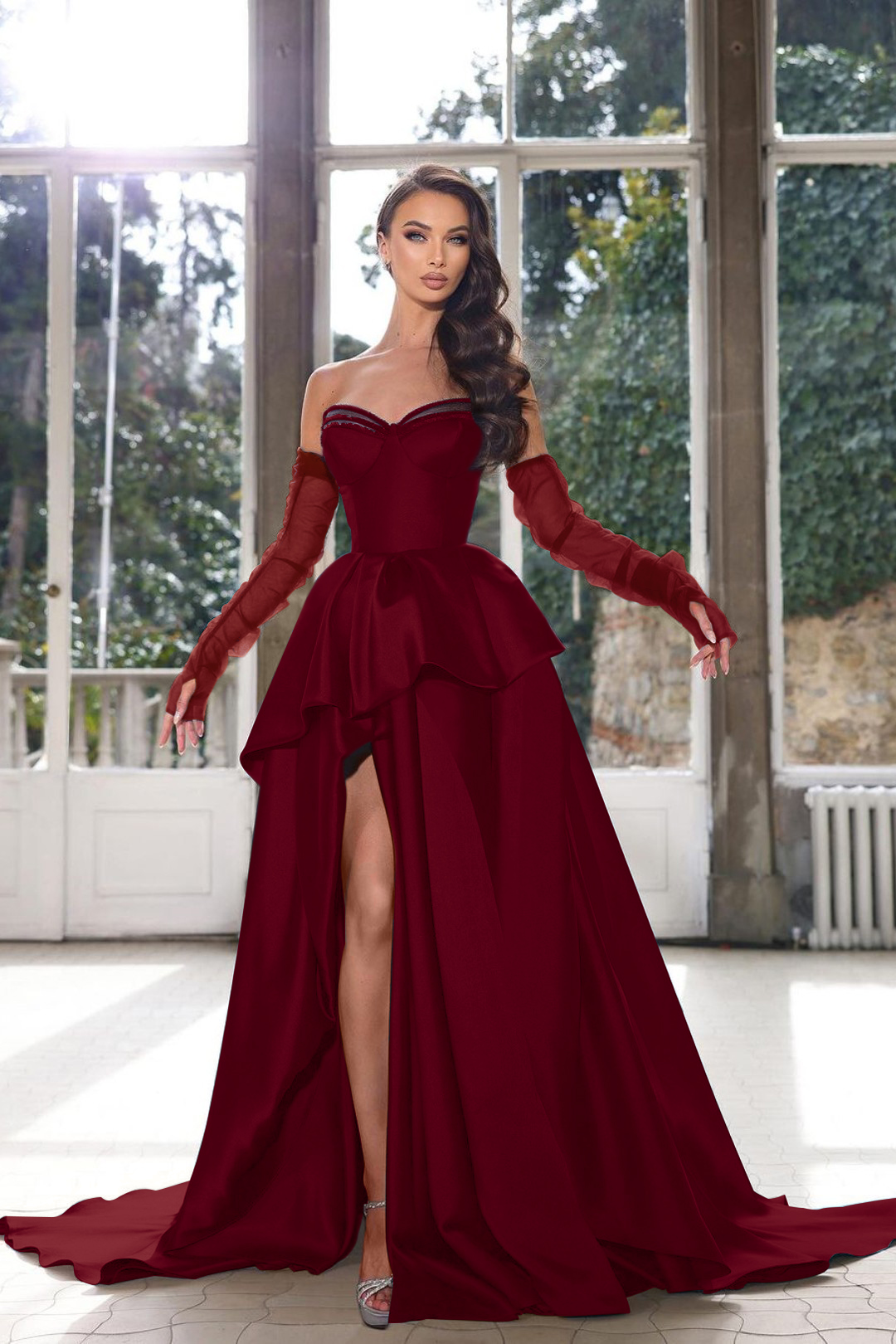 Glamorous Half Sleeves Ink Blue Prom Dress Strapless With High Split Gown