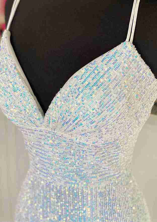 V-Neck Spaghetti Strap Floor-Length Sheath Prom Dress with Pleated Details