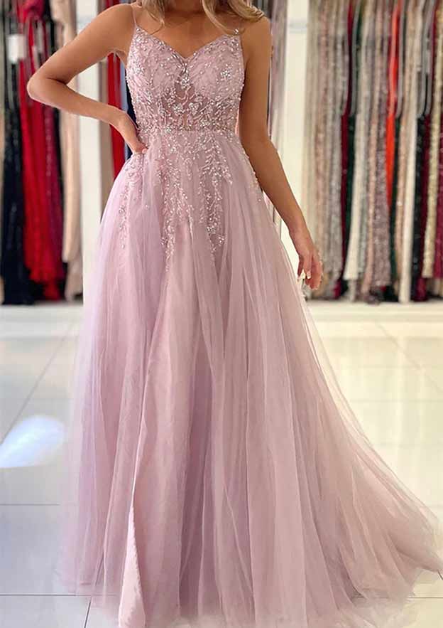 Long Prom Dresses With Split Side in A-Line/Princess V-Neck and Spaghetti Straps