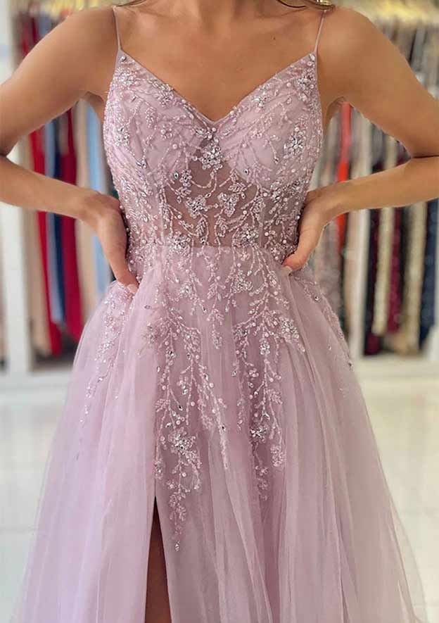Long Prom Dresses With Split Side in A-Line/Princess V-Neck and Spaghetti Straps