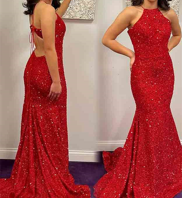 Sequined Long Prom Dresses in Mermaid/Trumpet Style with Halter Neckline