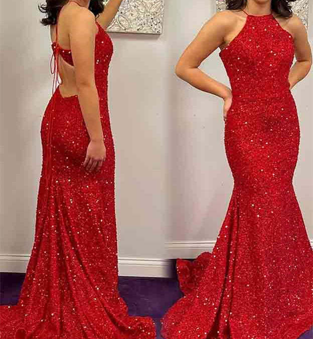 Sequined Long Prom Dresses in Mermaid/Trumpet Style with Halter Neckline