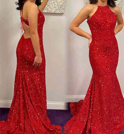 Sequined Long Prom Dresses in Mermaid/Trumpet Style with Halter Neckline