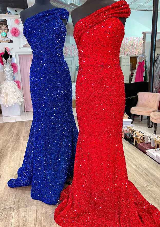 Sleeveless Long Prom Dresses With Sequins Off-The-Shoulder Mermaid/Trumpet Style and Side Split